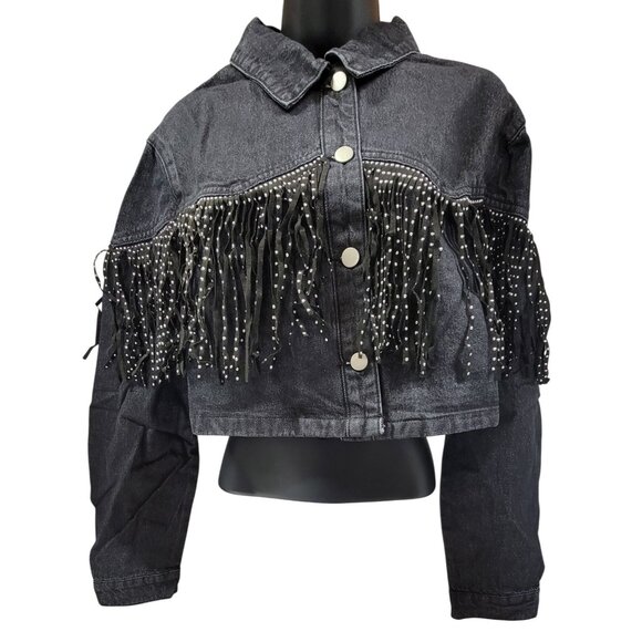 Baevley Crop Denim Jacket Black With Studded Fringe Womens Med New in Bag - Picture 1 of 9